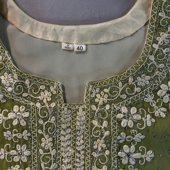 Vintage Indian Olive Green Sleeveless Kurti Tunic Dress Floral Beaded Embroidery - Picture 3 of 8